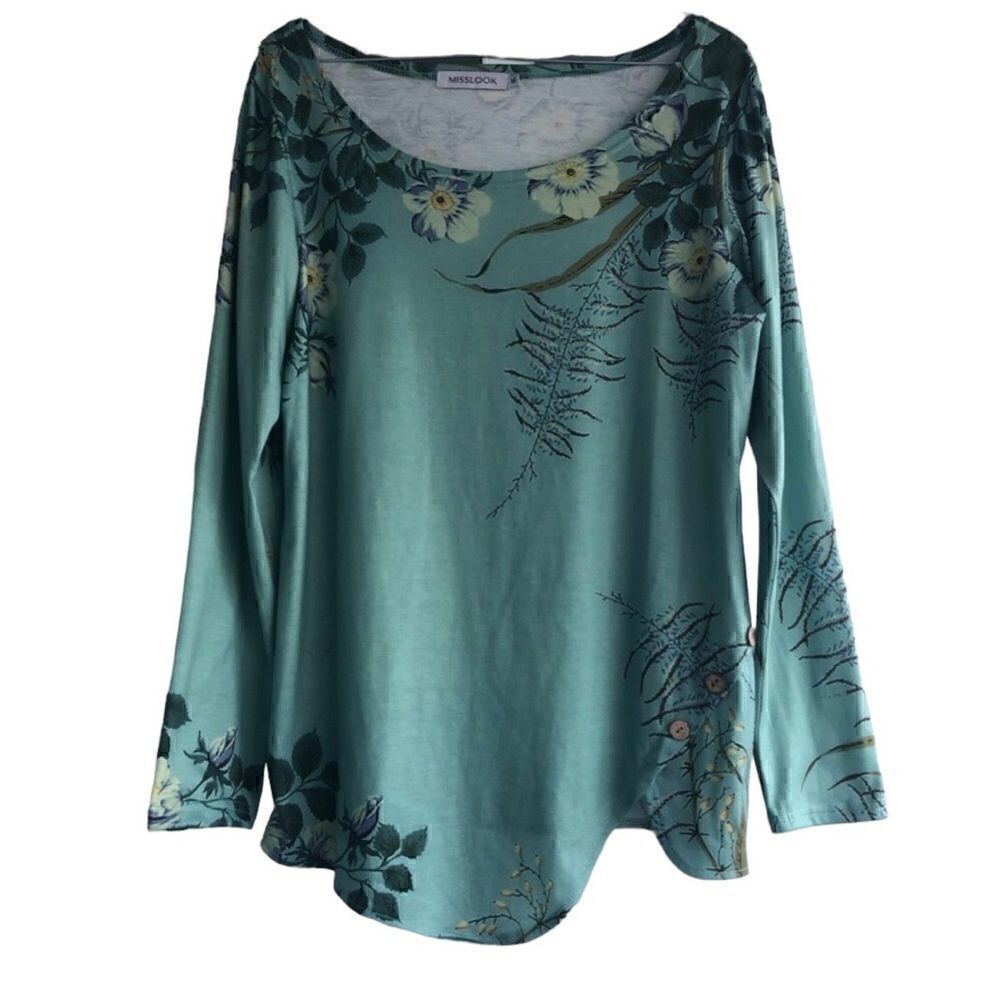 MISSLOOK Women’s Long Sleeves Stretchy Green Flowered Blouse Front Button Design